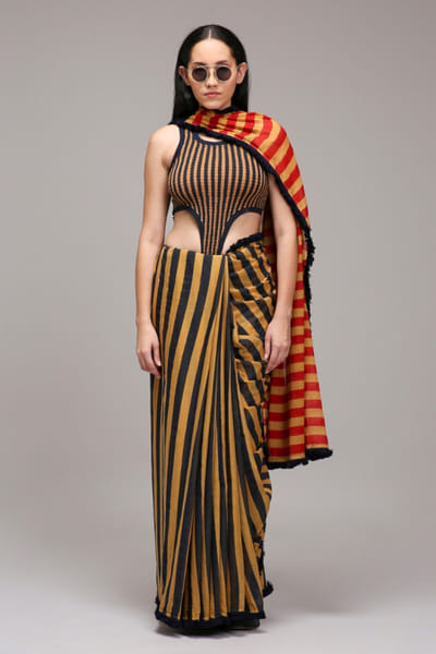 Brown stripe printed sari