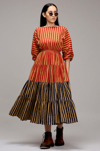 Red and blue striped tiered dress