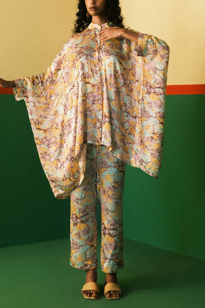 Yellow kimono shirt and trousers