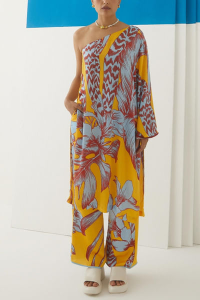 Tropical one shoulder kurta and trousers