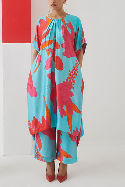 Blue printed kimono kurta and trousers
