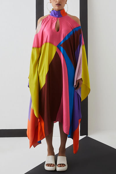 Multicolour colour-blocked kimono