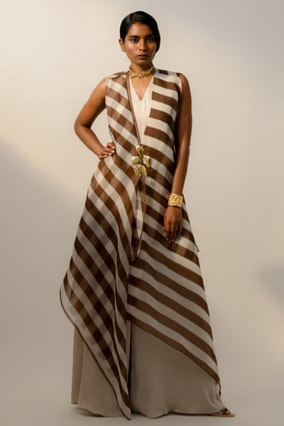 Brown and grey striped overlay jumpsuit