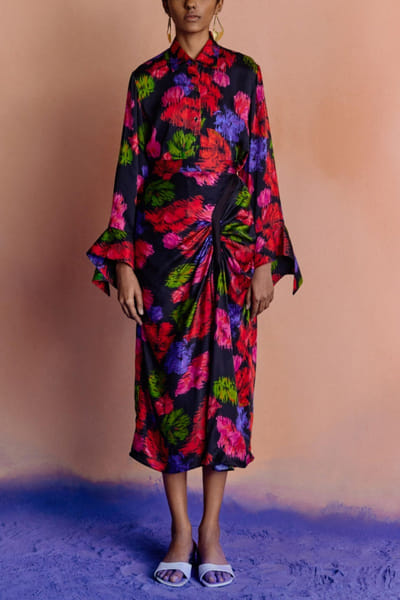 Printed draped shirt and skirt