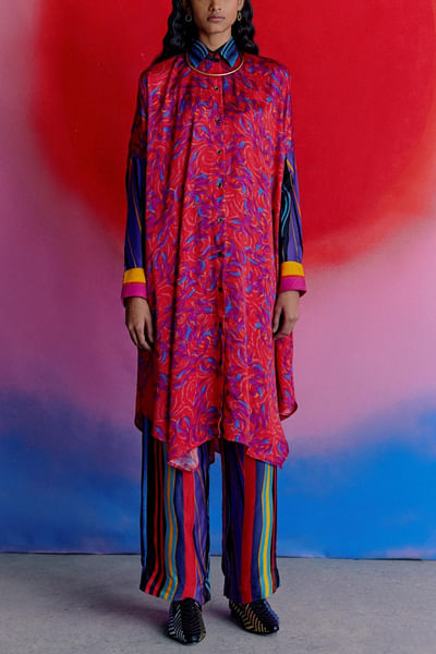 Red printed kimono and trousers