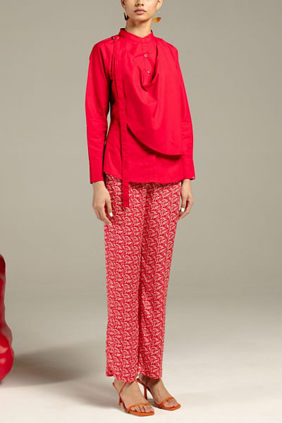 Red draped shirt