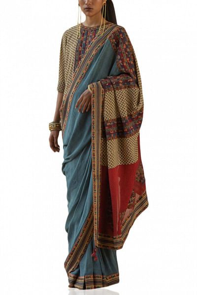 Blue Ajrakh printed sari