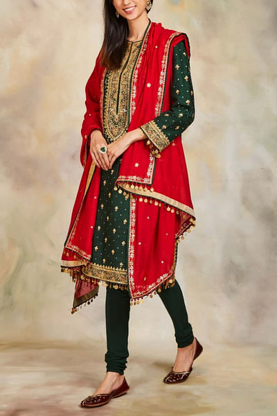 Bottle green raw silk kurta set