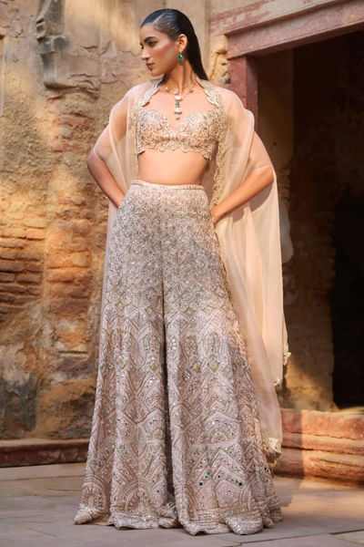 Nude peach embroidered cape and sharara set