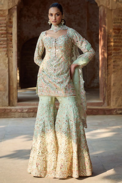 Mint green embroidered kurta and gharara set