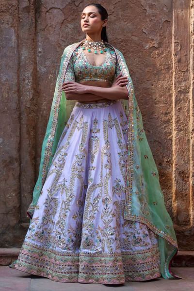 Lilac and sage green embroidered lehenga set