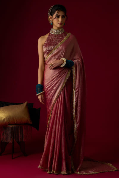 Dusty rose embellished tissue sari set
