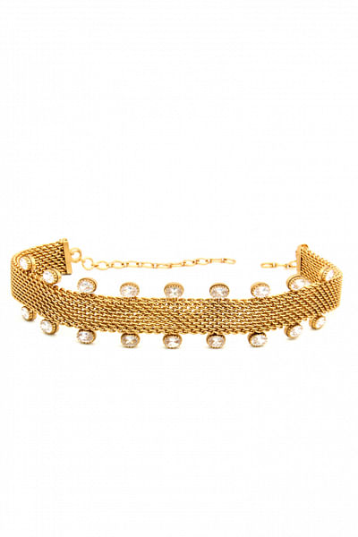 Gold mesh choker with white crystals