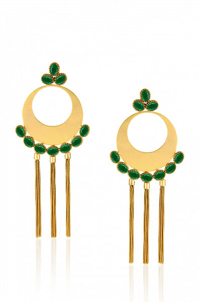 Gold green crystal tassel earrings