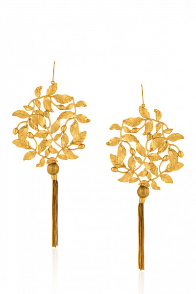 Gold rose vine tassel earrings