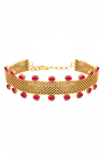 Gold mesh choker with pink crystals