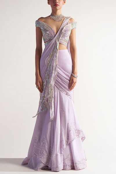 Lilac embellished draped sari set