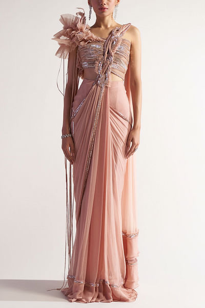 Peach Swarovski embellished draped sari set