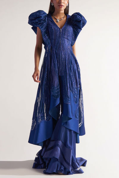 Blue embellished jacket pants set