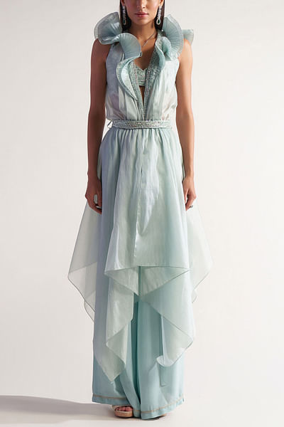 Sea green Victorian ruffled cape pants set