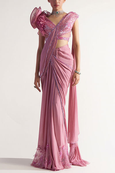 Onion pink Swarovski embellished sari set