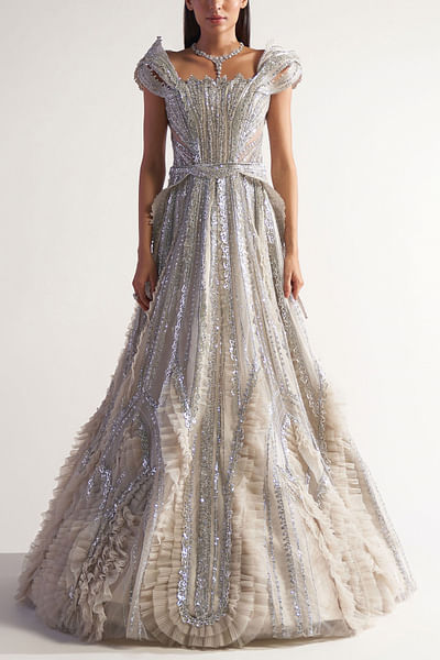 Ivory frill embellished gown