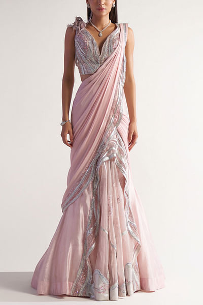 Pink draped Assam silk sari set