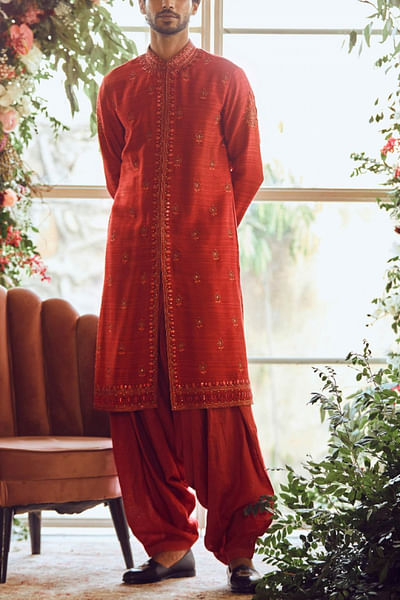 Red raw silk kurta set