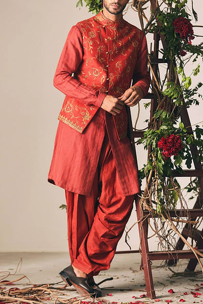 Red Nehru jacket and kurta set