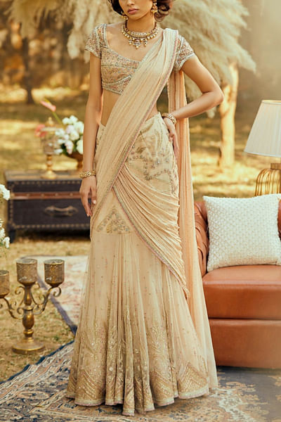Beige draped and embroidered sari set