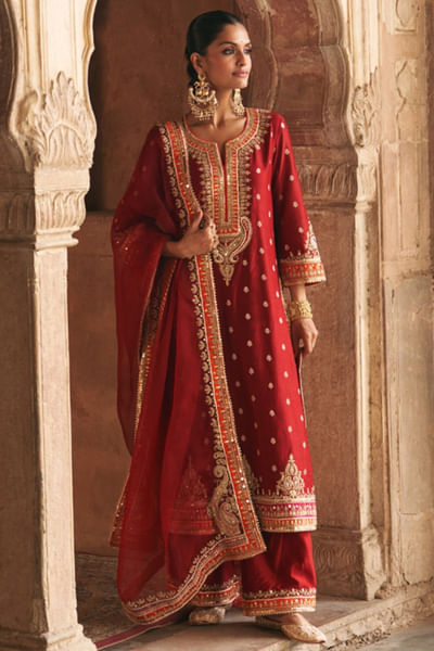 Deep red gota embroidered long kurta set