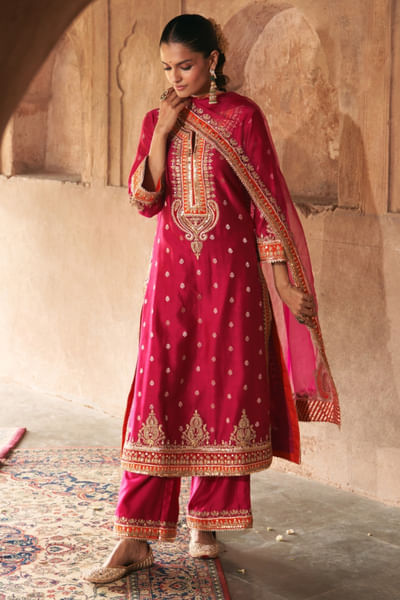 Hot pink tilla embroidered long kurta set