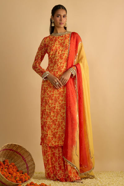 Yellow and orange floral printed kurta set