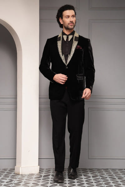 Black embellished velvet tuxedo set