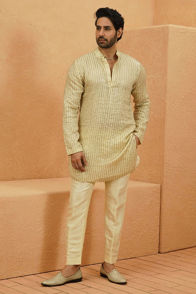 Ivory stripe embellished kurta set