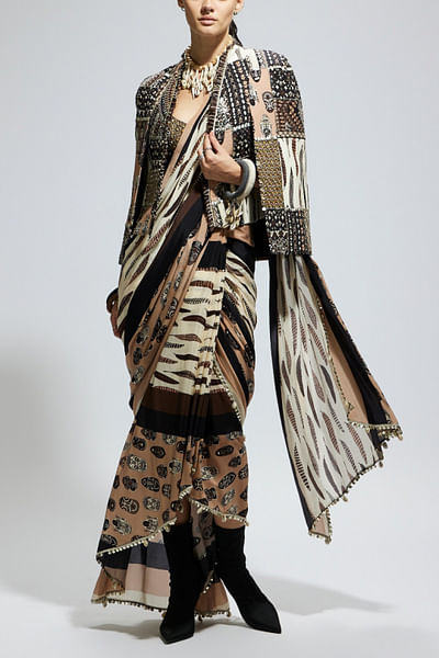 Ivory and black printed pre-draped sari set