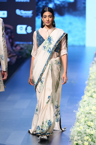 Embroidered bustier, organza shirt and sari