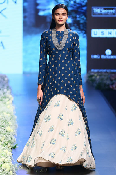 Embroidered high-low anarkali with printed lehenga