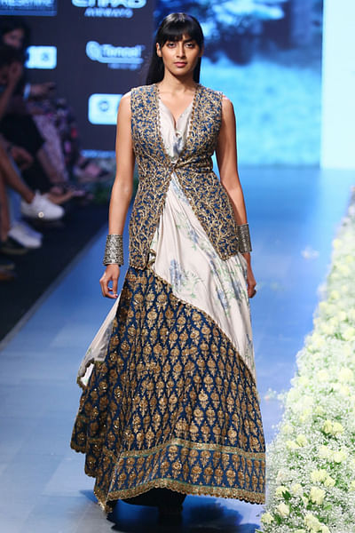 Embroidered lehenga with draped blouse and jacket
