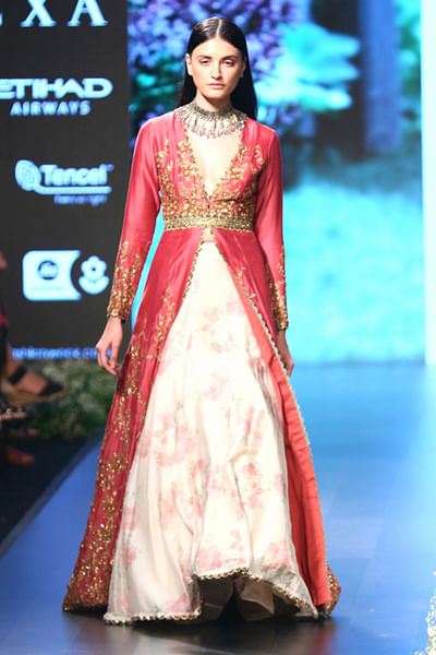 Embroidered jacket with printed lehenga and belt