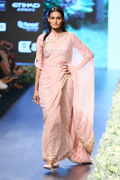 Embellished sari with blouse and organza shirt