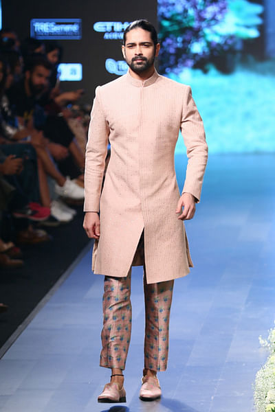 Quilted and embellished sherwani with pleated pants