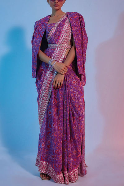 Purple floral printed sari set