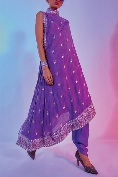 Purple embellished drape sari and pants