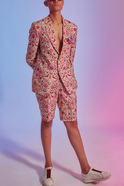 Ivory floral printed blazer and shorts