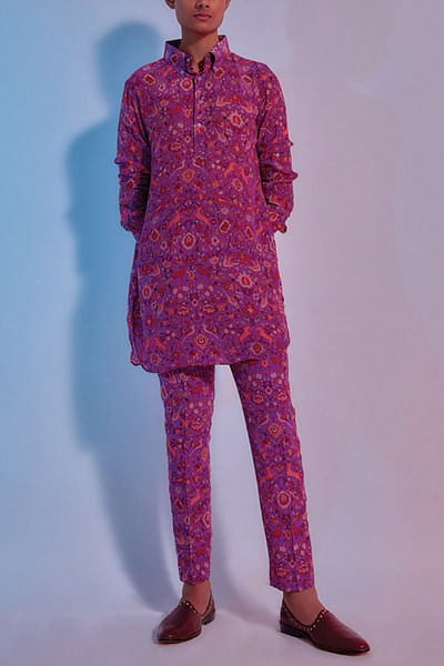 Purple floral printed shirt kurta set