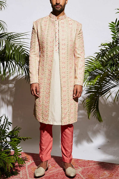 Beige embellished sherwani set