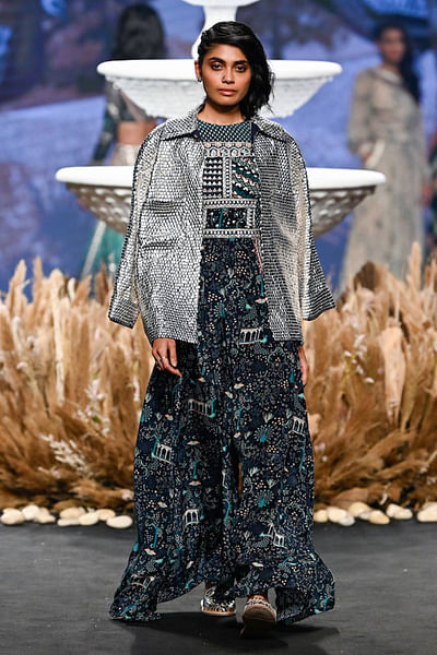 Blue patchwork jumpsuit and bomber jacket