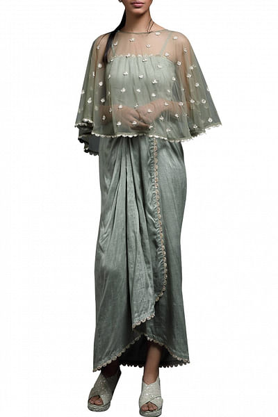 Tea green draped embellished inner and cape set