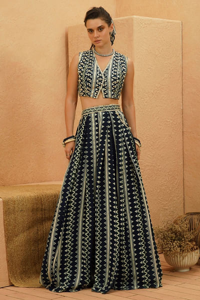 Midnight blue print embellished top-skirt set